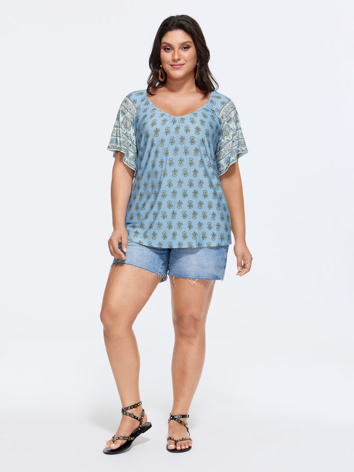 Supersoft Floral Print Flared Sleeve Pleated Knit Top
