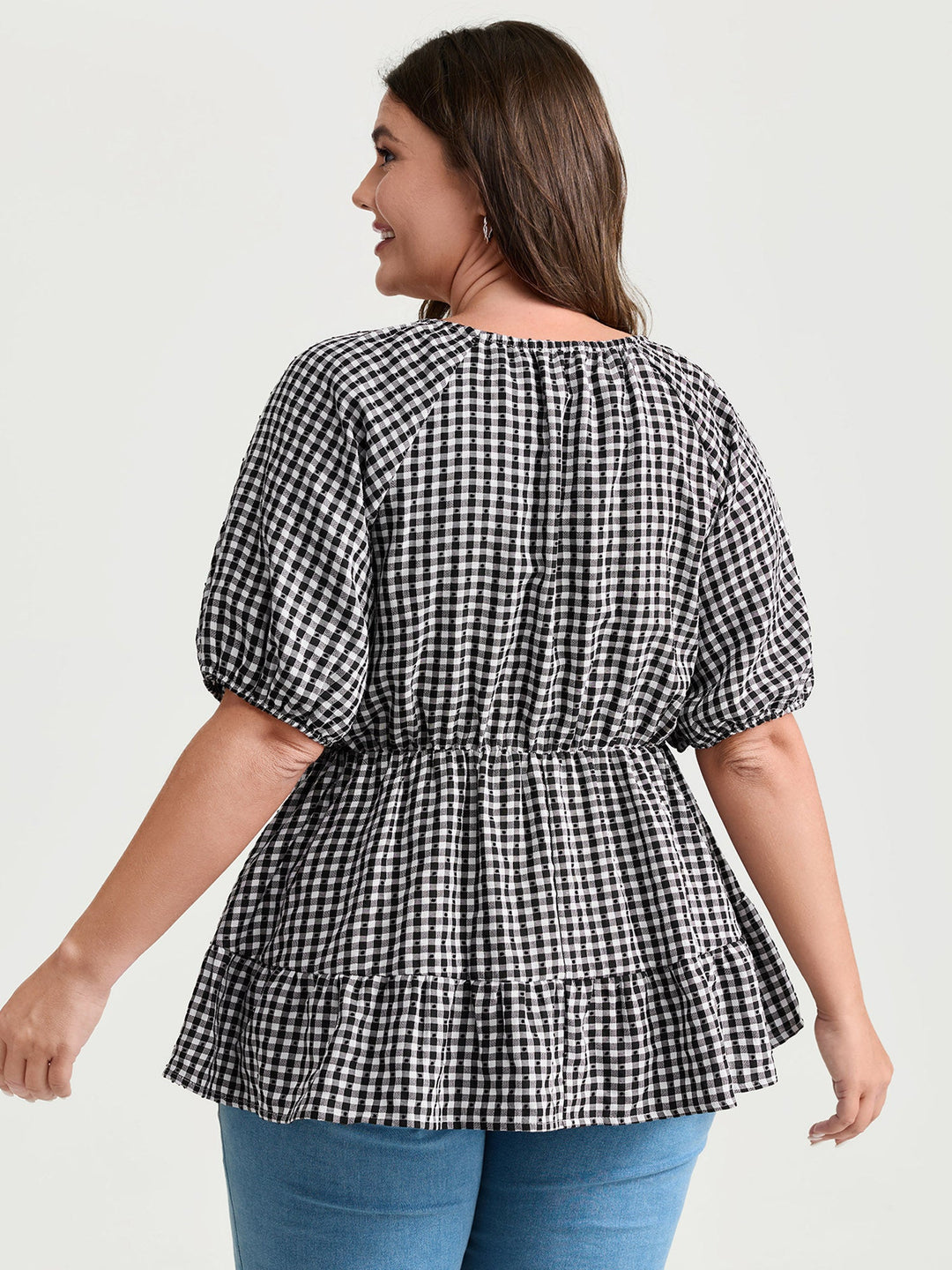 Checked Print Button Detail Fit And Flare Blouse
