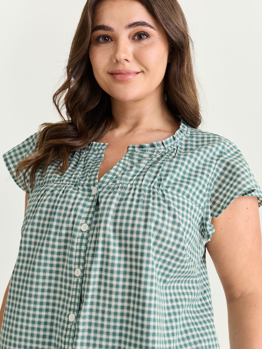 Cotton Check Print Ruffled Sleeve Blouse