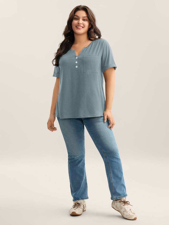 Solid Split Neck Button Detail T-Shirt