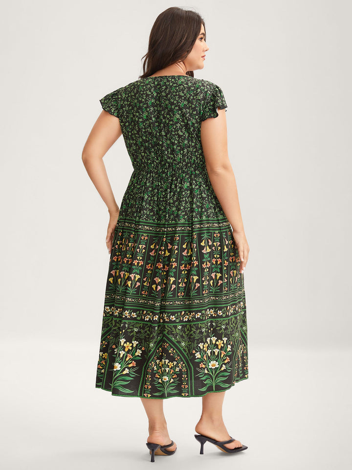 Rayon Garden Fresh Ruffled Sleeve Midi Dress