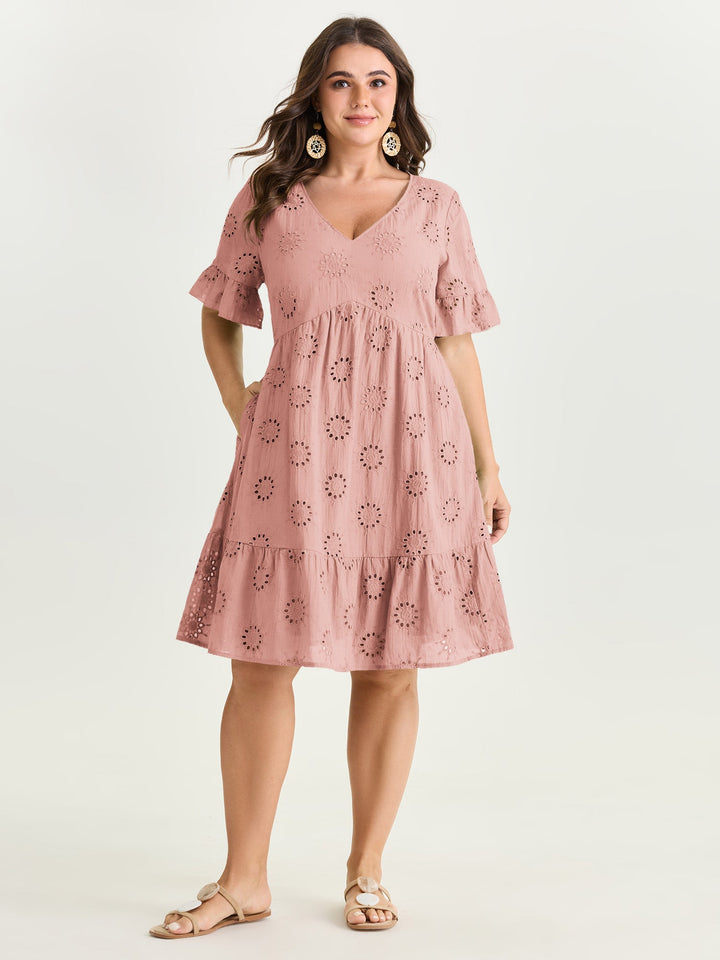 Eyelet Embroidered Ruffled Sleeve Mini Dress