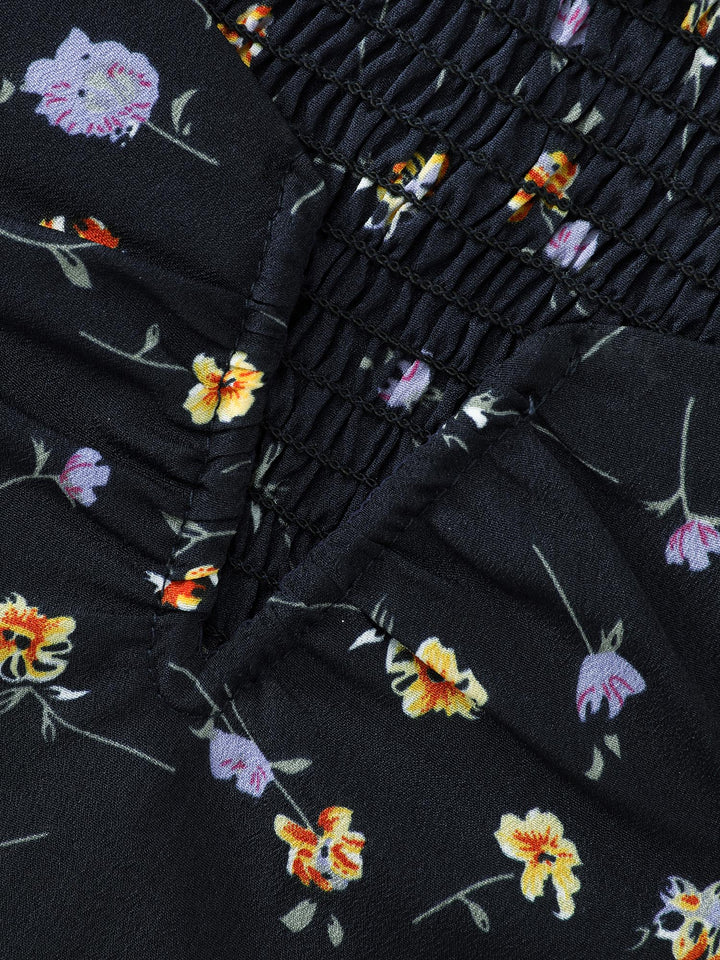 Floral Print Shirred Cuff Sleeve Blouse