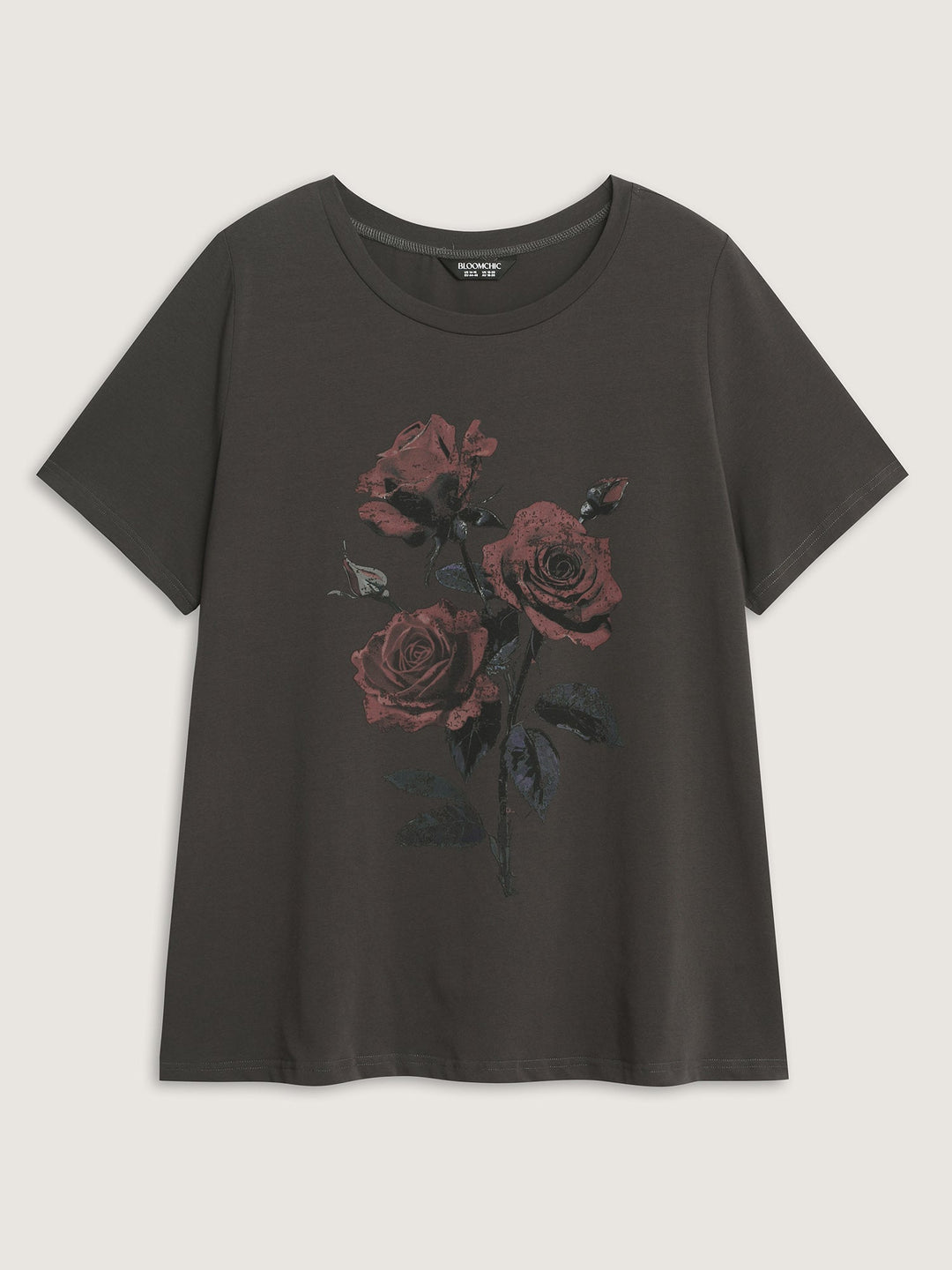Rose Print Distressed Wash T-Shirt