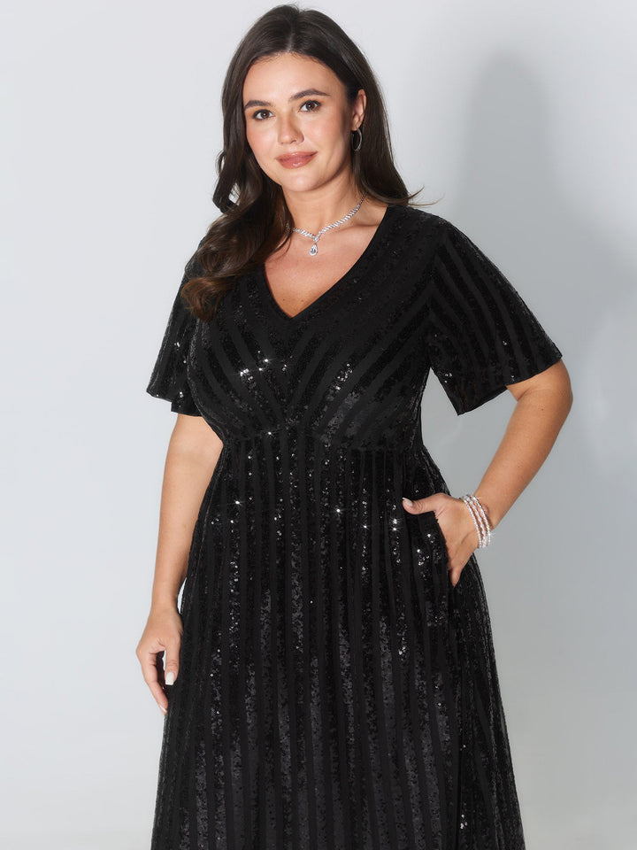 Shimmery Sequin V-Neck Midi Dress