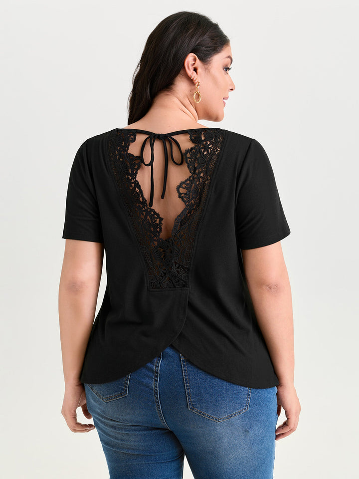 Open Back Lace Detail Boat Neck T-Shirt