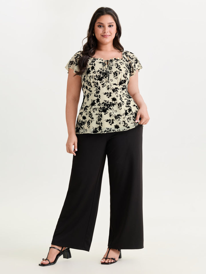 Flocked Floral Drawstring Neckline Knit Top
