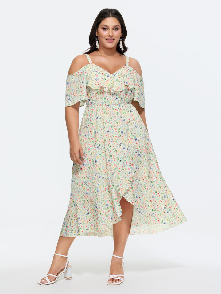 Ditsy Floral Pocket Wrap Cold Shoulder Ruffle Dress