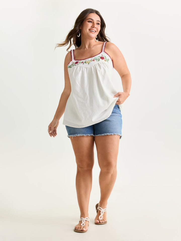 Pure Cotton Floral Embroidered Neckline Tank Top