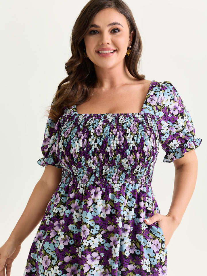 Floral Print Bowknot Puff Sleeve Mini Dress