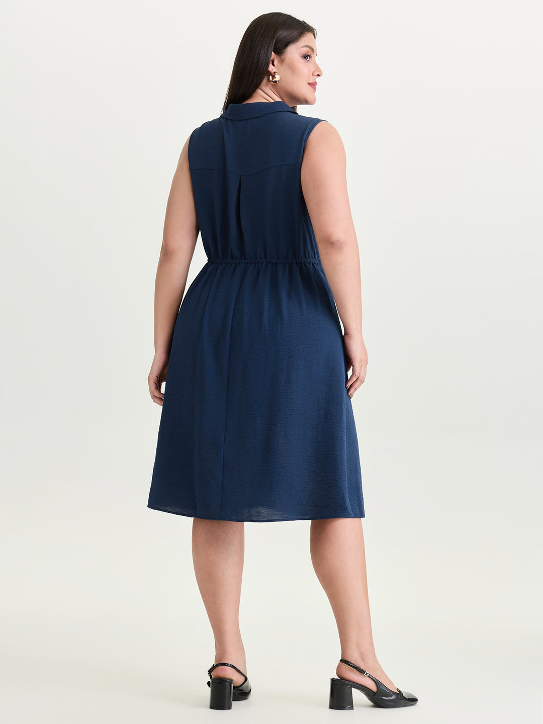 Collar Button Detail Waist Drawstring Mini Dress