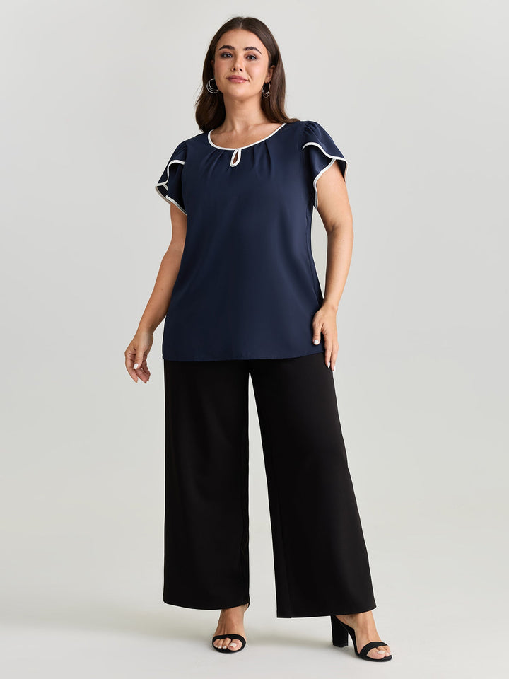 Petal Sleeve Color Contrast Plain Blouse