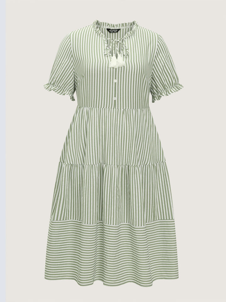 Striped Print Drawstring Tiered Maxi Dress
