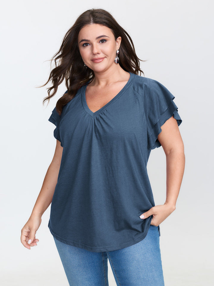 Stretchy Textured Flared Sleeve T-Shirt