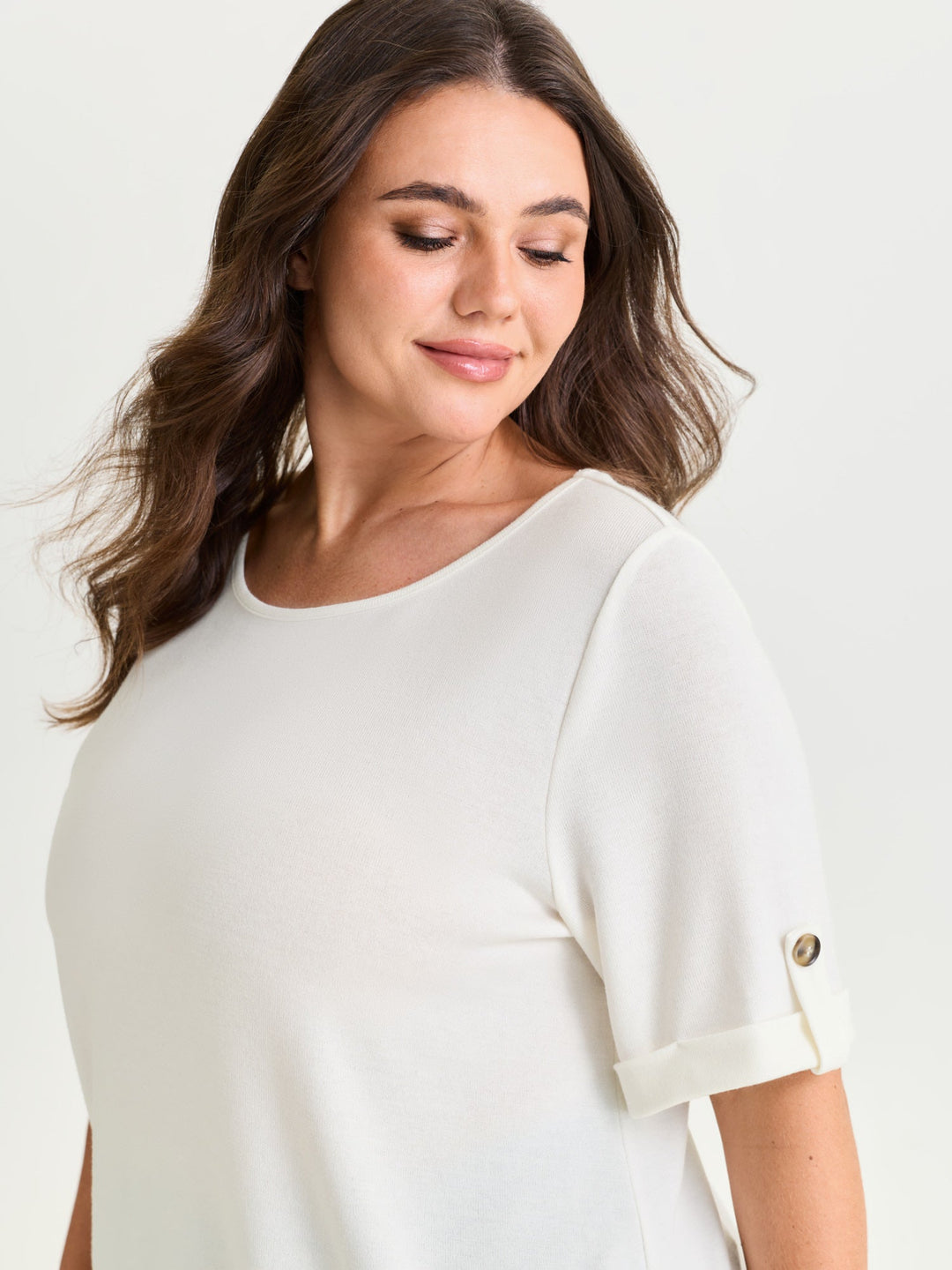 Stretchy Plain Folded Cuff Sleeve T-Shirt
