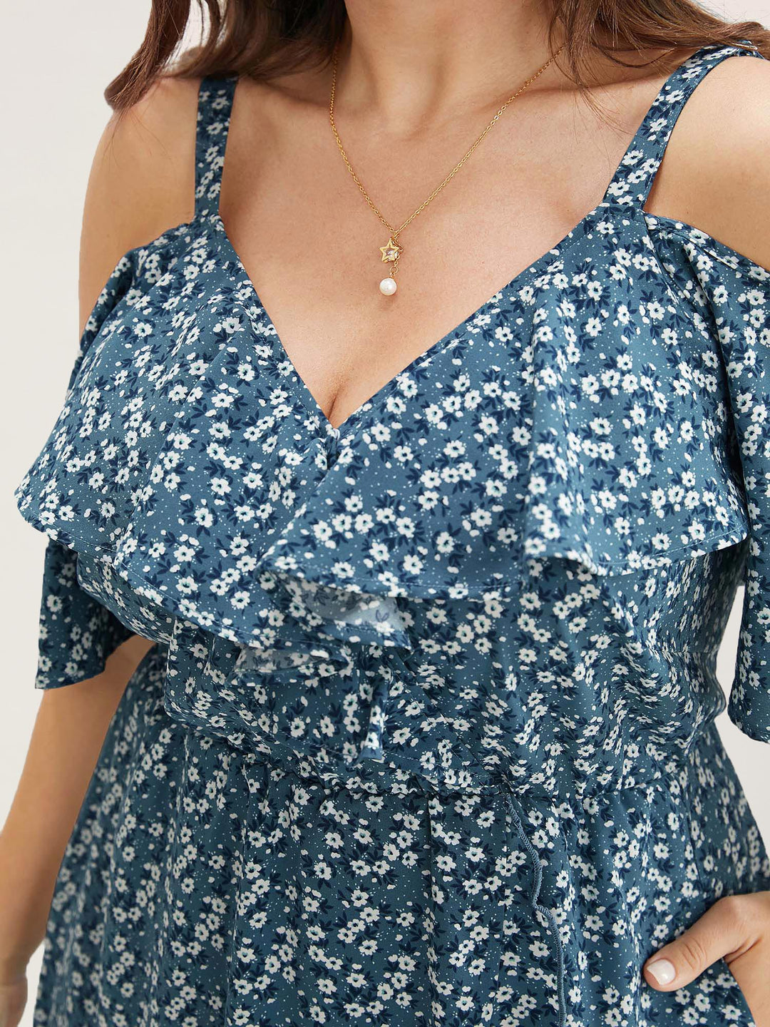 Ditsy Floral Pocket Wrap Cold Shoulder Ruffle Dress