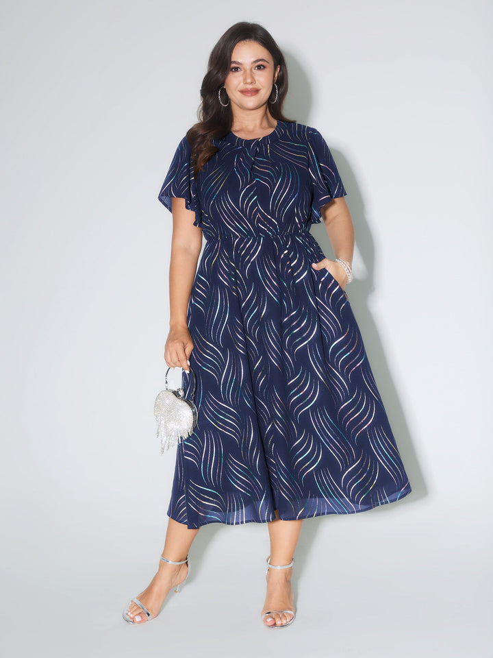 Abstract Print Twisted Neckline Midi Dress