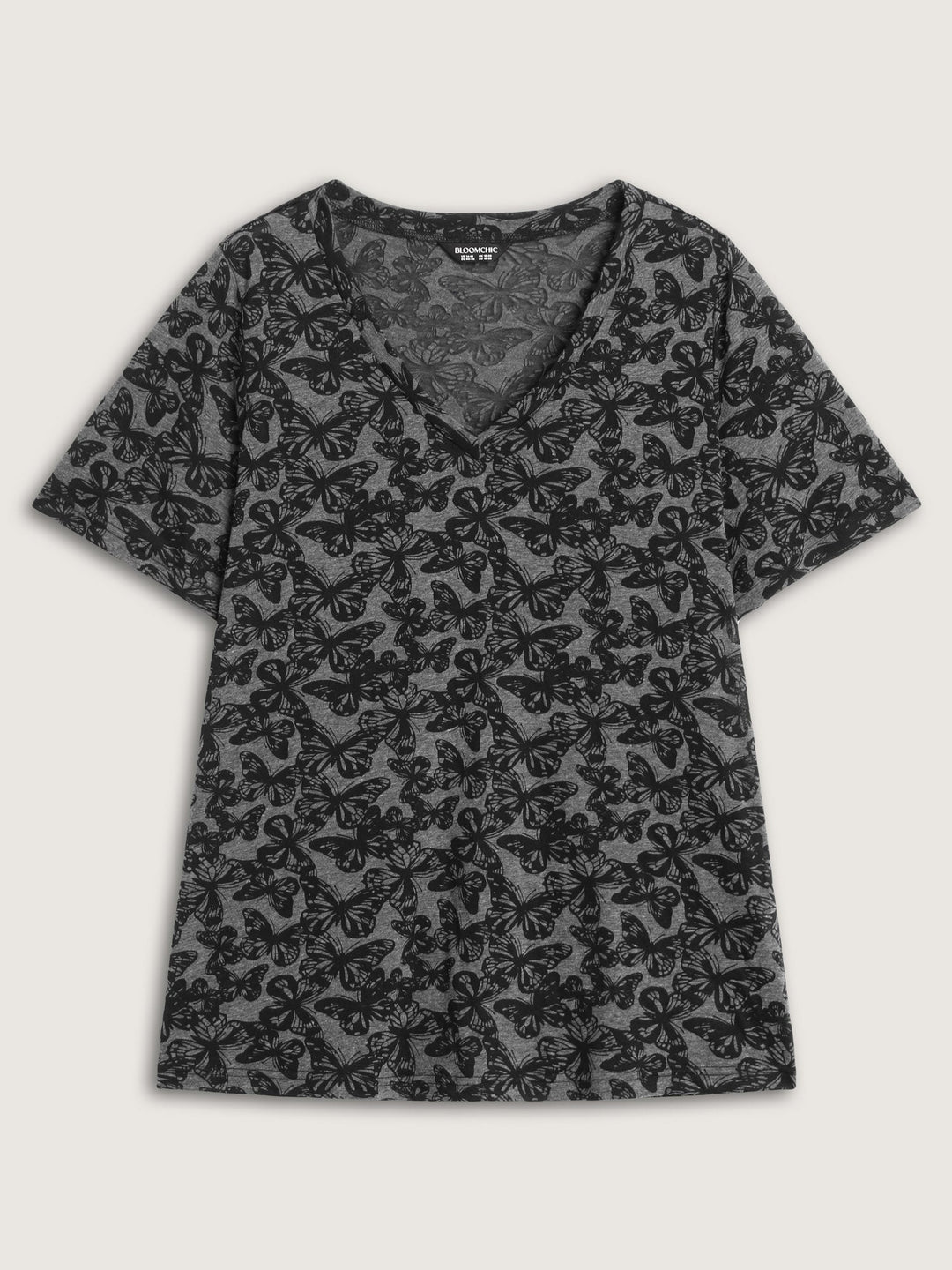 Textured Butterfly Pattern V-Neck T-Shirt