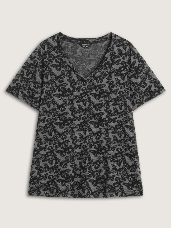 Textured Butterfly Pattern V-Neck T-Shirt