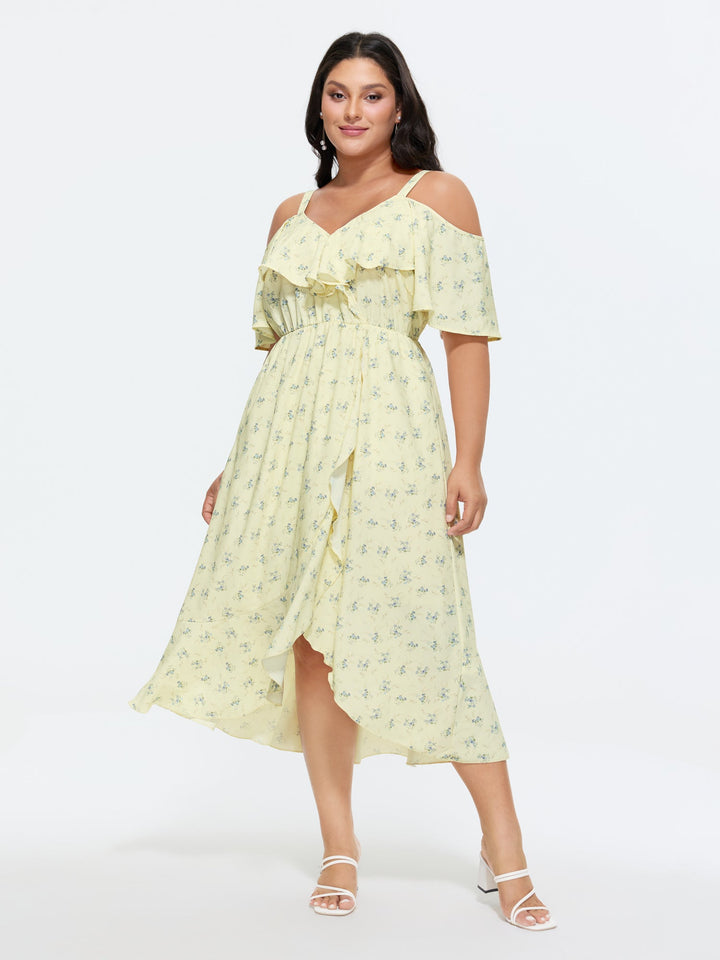 Ditsy Floral Pocket Wrap Cold Shoulder Ruffle Dress