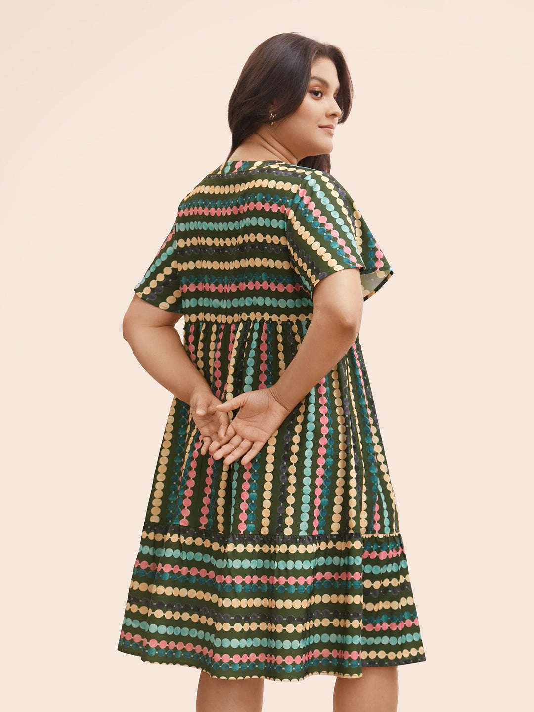 Dot Print Elastic Waist Split Neck Mini Dress