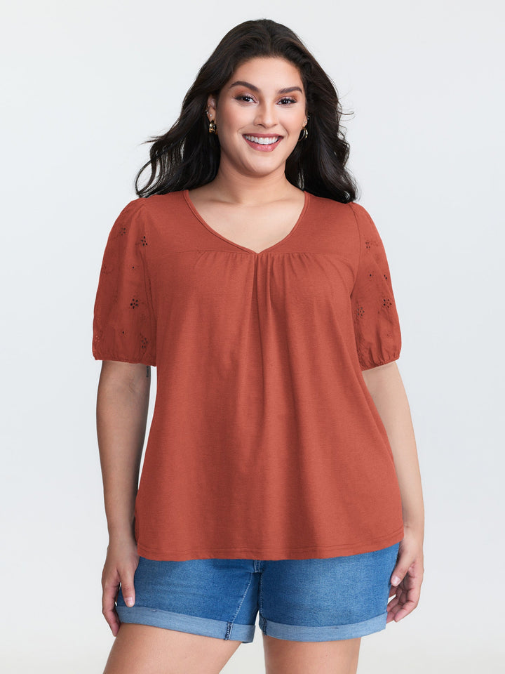 Cotton Slub Textured Embroidered Knit Top