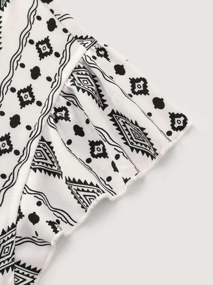 Geometric Print Lace Trim Tiered Maxi Dress