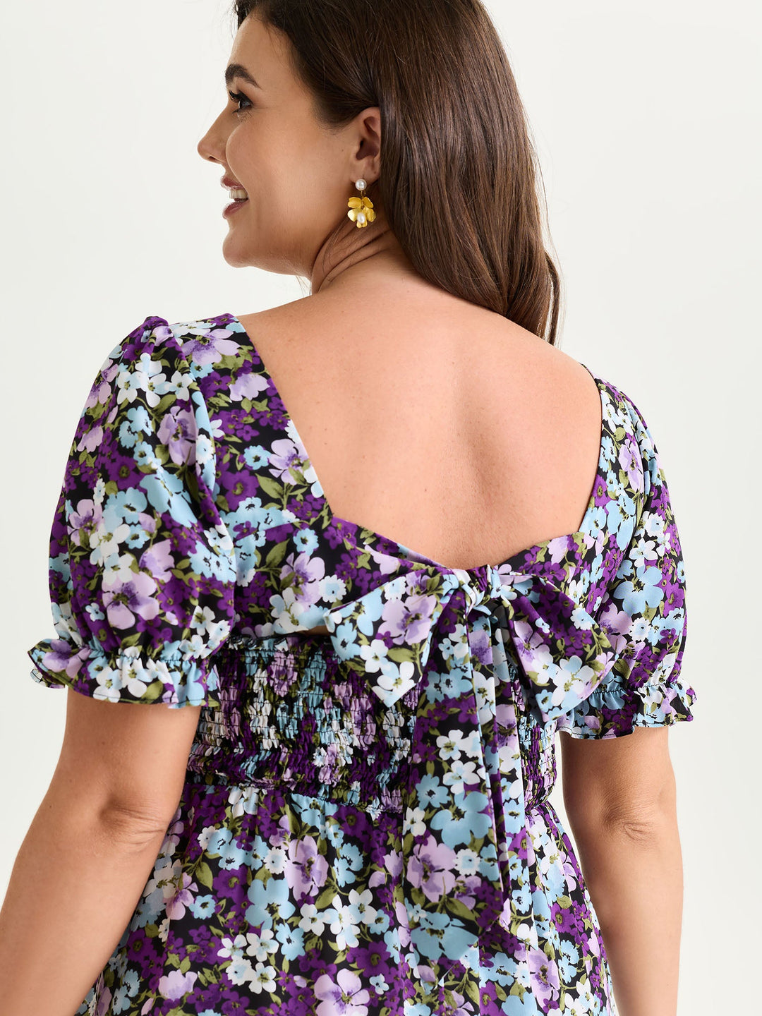Floral Print Bowknot Puff Sleeve Mini Dress