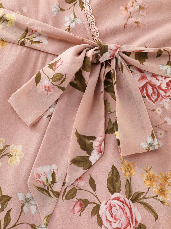 Soft Floral Print Lotus Leaf Hem Midi Dress