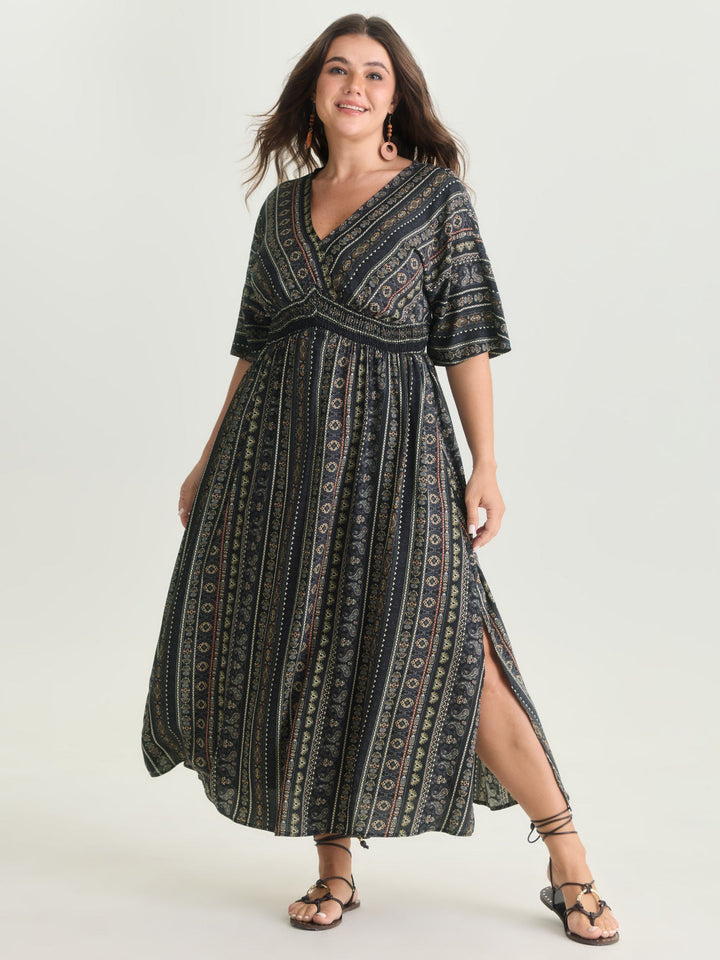 Striped Contrast Dolman Sleeve Shirred Pocket Split Flutter Dress