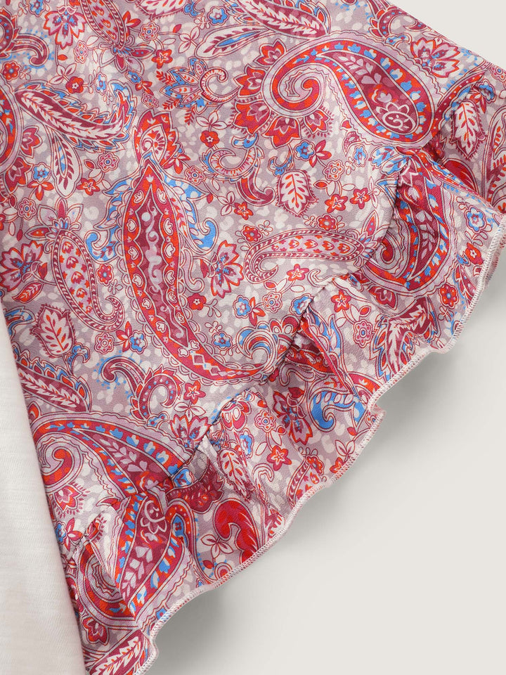 Cotton Floral Print Color Contrast Flared Sleeve T-Shirt