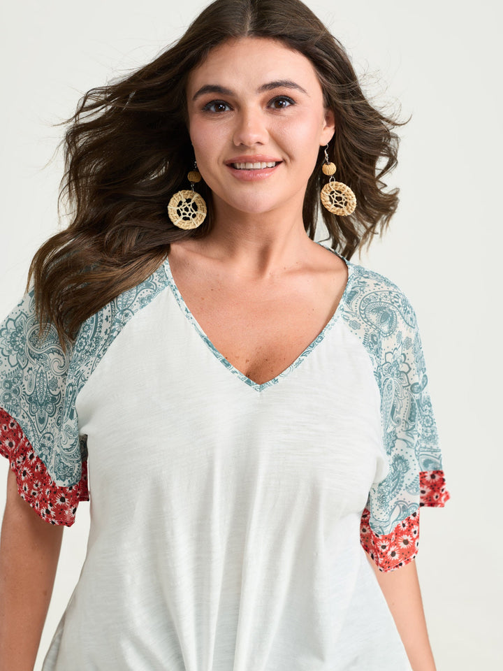 Pure Cotton Floral Sleeve Knotted T-Shirt