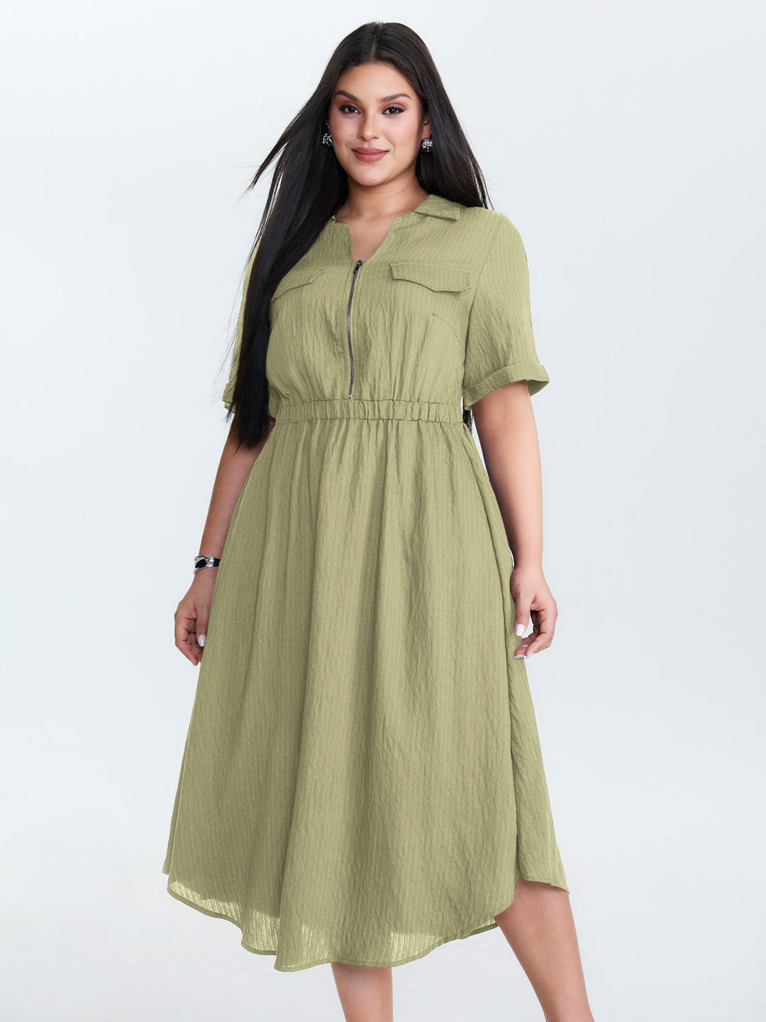 Zipper Front Collar Plain Midi Dress
