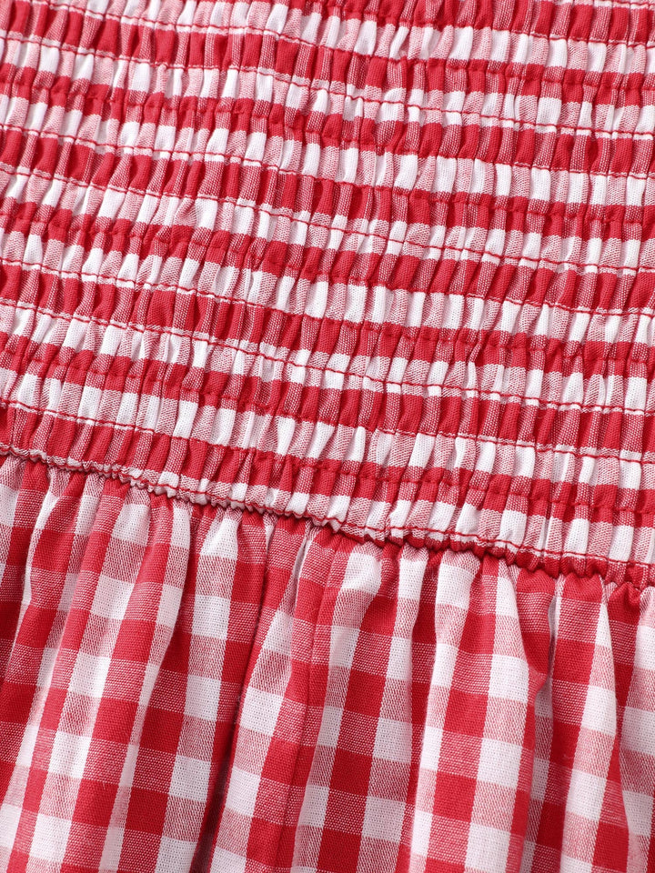 Cotton Gingham Print Shirred Bodice Midi Dress