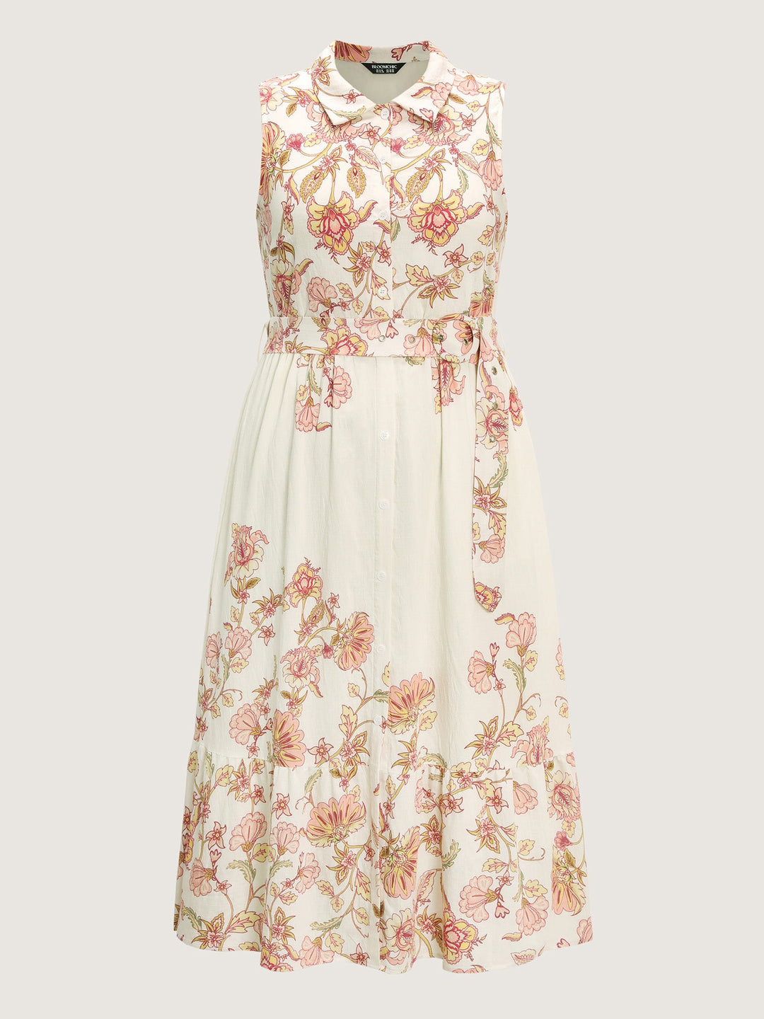 Soft Floral Print Collar Slit Midi Dress
