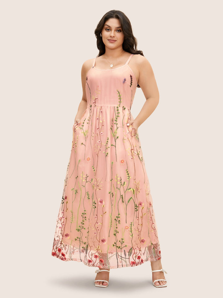 U Neck Floral Embroidered Mesh Cami Dress