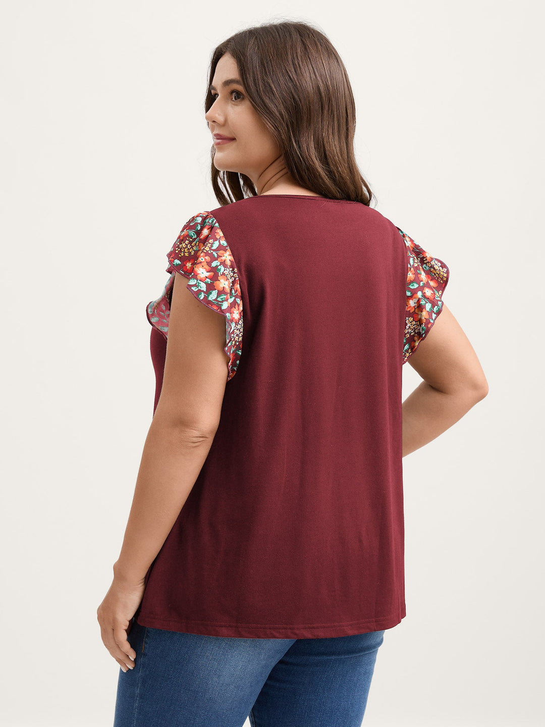 Floral Neckline Flutter Sleeve Contrast T-Shirt