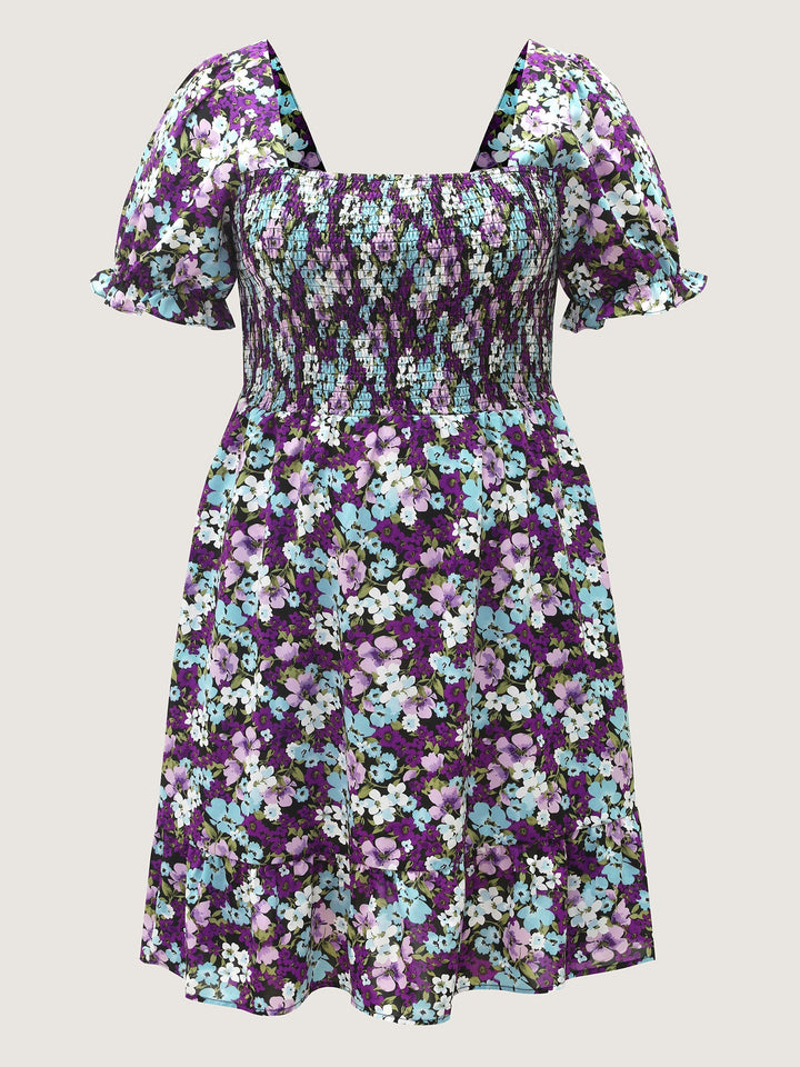 Floral Print Bowknot Puff Sleeve Mini Dress
