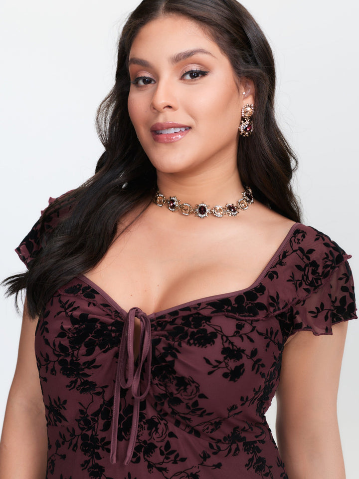 Floral Flocked Mesh Ruched Drawstring Midi Dress