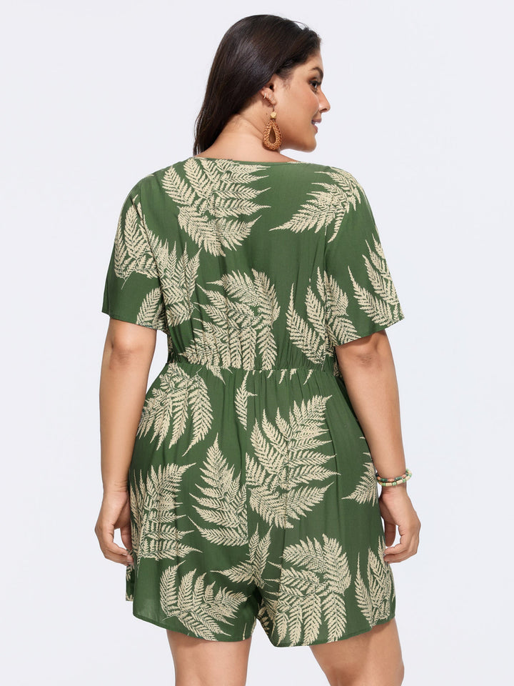 Tropical Leaf Print Pockets Button Romper