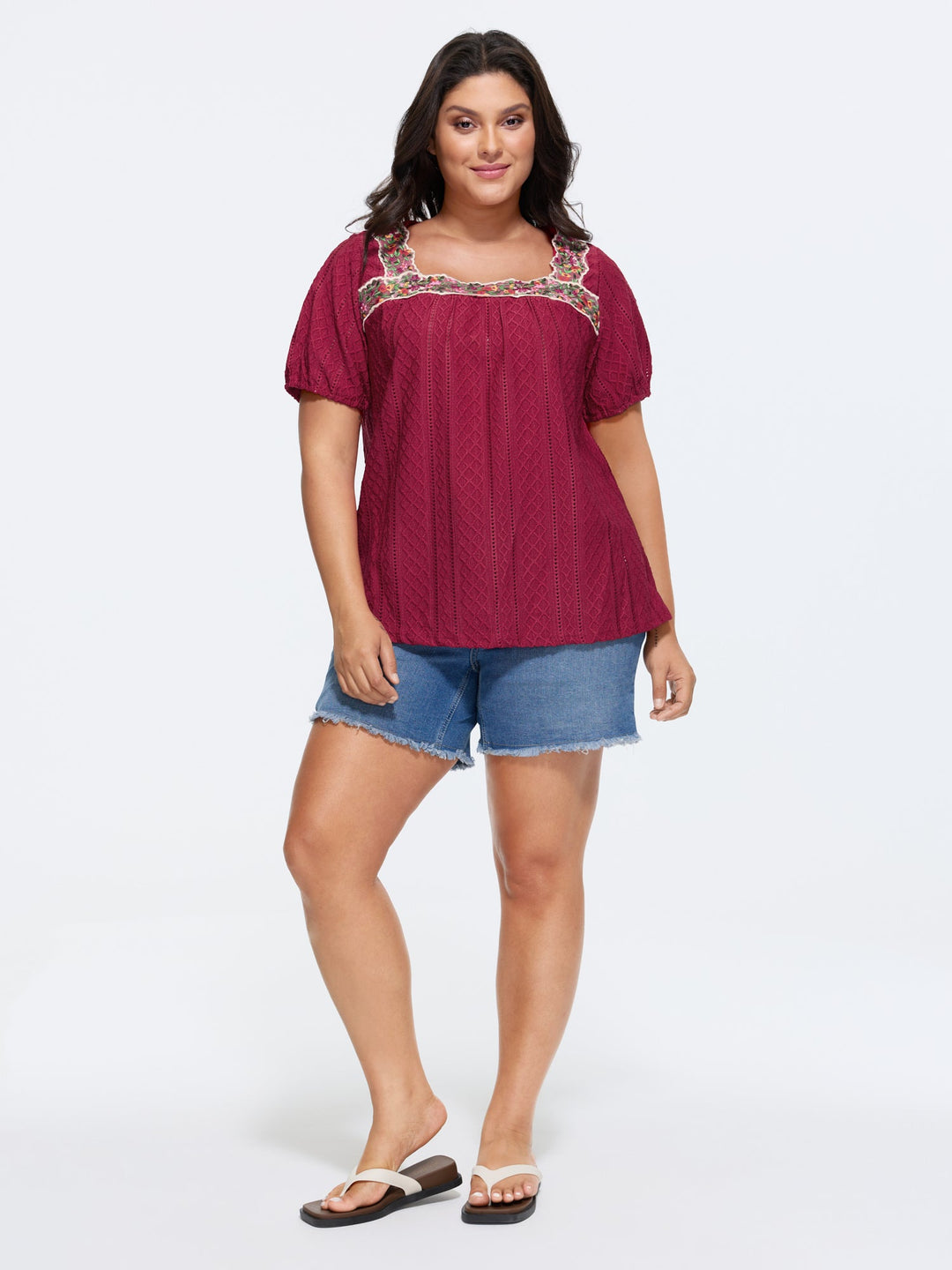 Eyelet Trim Floral Embroidered Solid T-Shirt