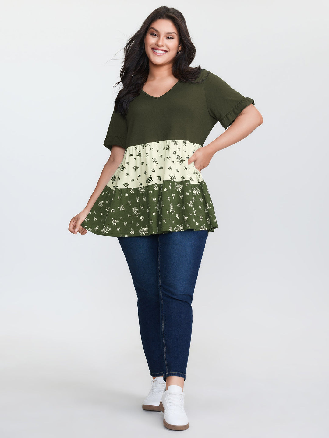 Color Contrast Floral Print Tiered Top