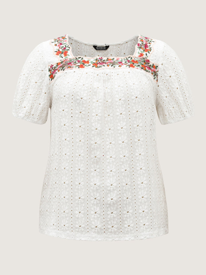 Eyelet Trim Floral Embroidered Solid T-Shirt