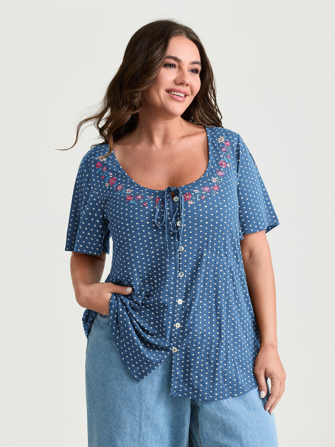 Colorful Floral Embroidered Neckline Polka Dot Top