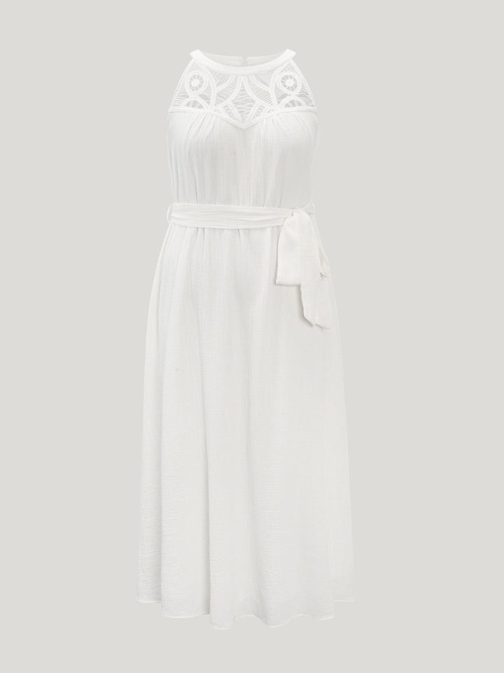 Cotton Sheer Lace Neckline Waist-Tie Maxi Dress