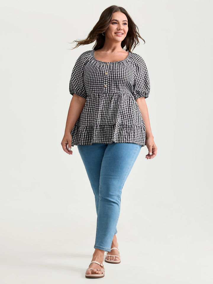 Checked Print Button Detail Fit And Flare Blouse