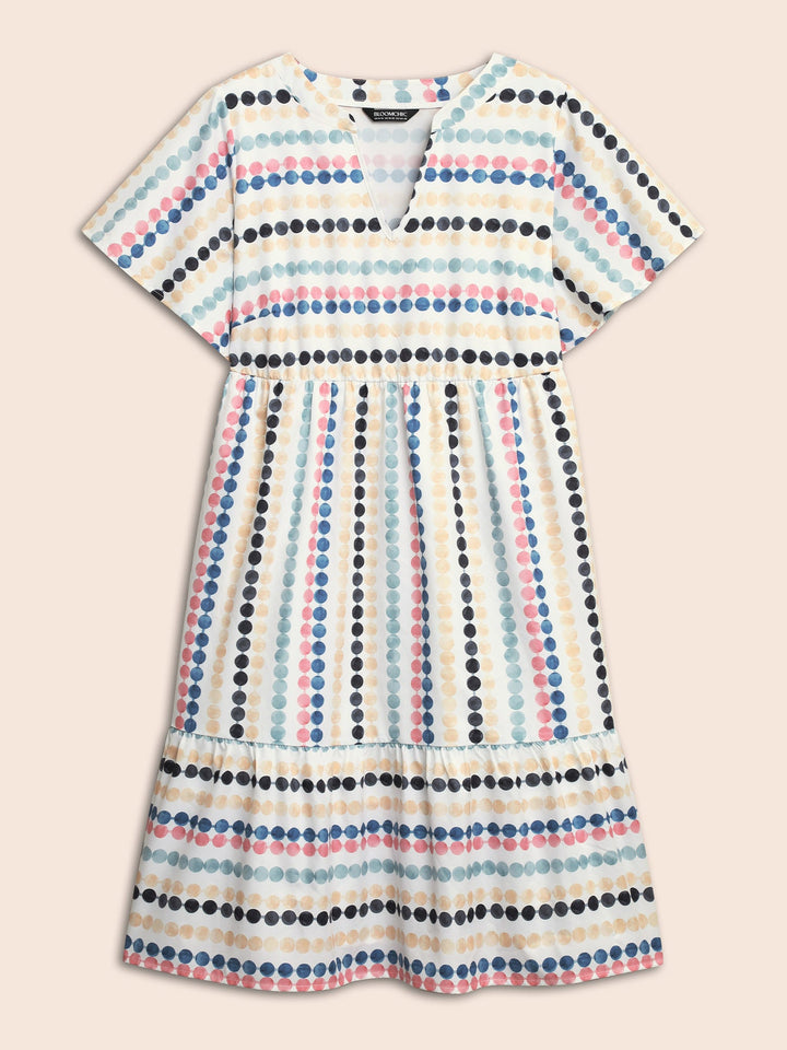 Dot Print Elastic Waist Split Neck Mini Dress