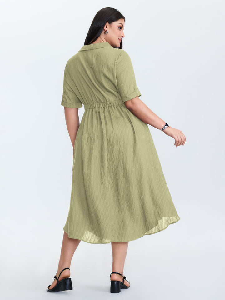 Zipper Front Collar Plain Midi Dress
