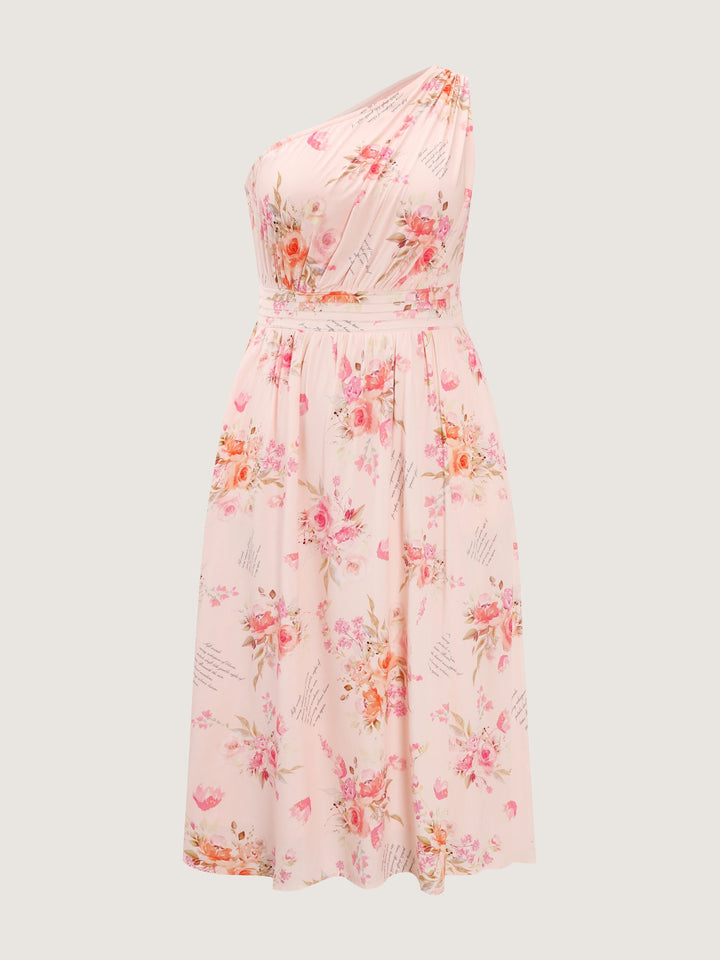 Letter Flower Print Shirred One-Shoulder Midi Dress