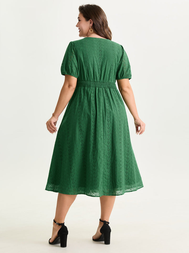 Cotton Eyelet Trim Cinched-Waist Midi Dress